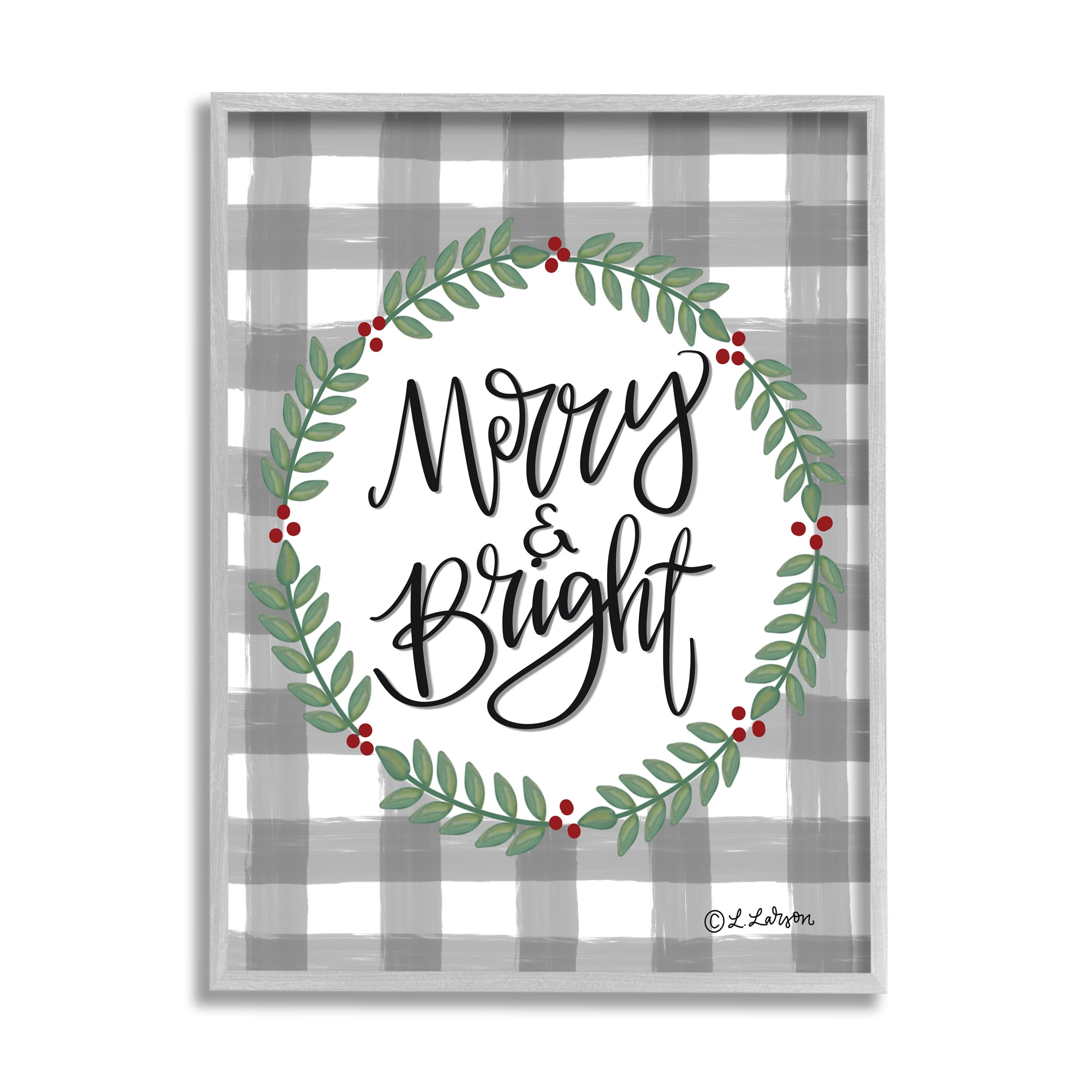 Merry & Bright Gingham Christmas Calligraphy Design Inspirational Graphic Art Framed Art Print Wall Art