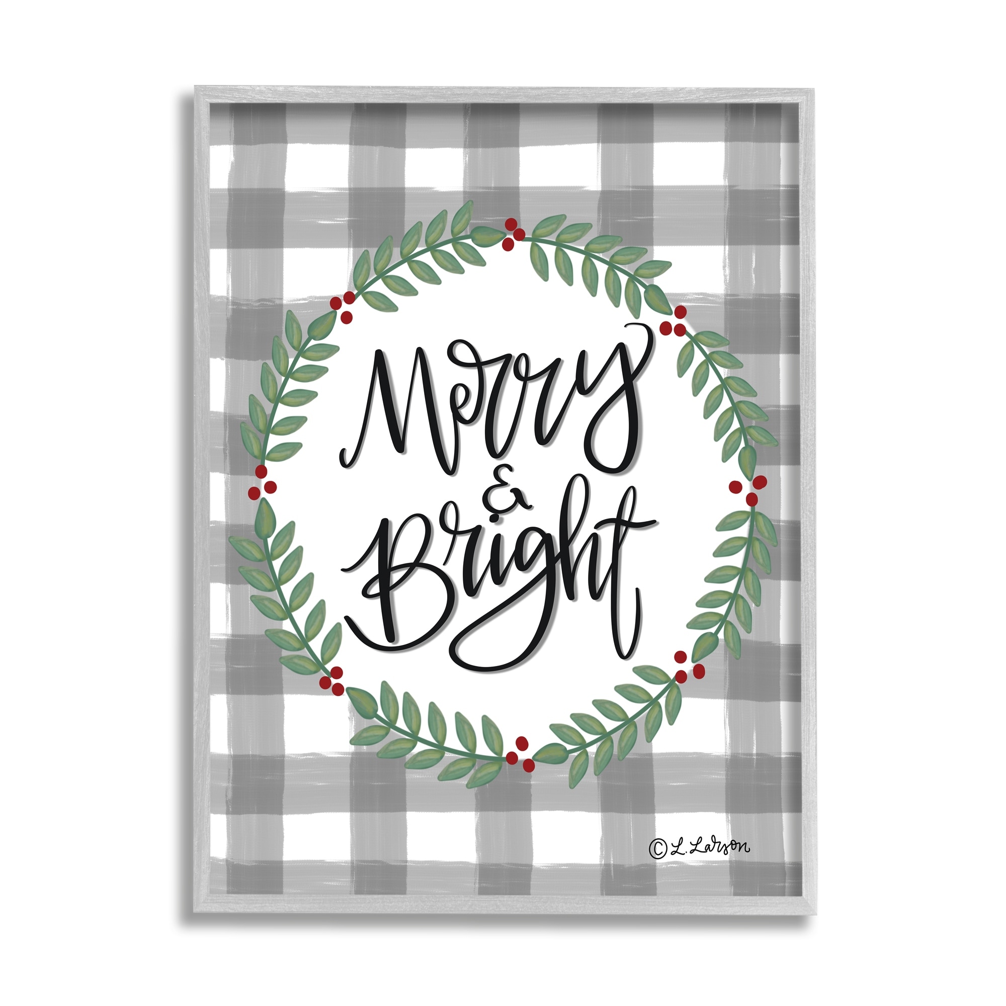 Merry & Bright Gingham Christmas Calligraphy Design Inspirational Graphic Art Framed Art Print Wall Art