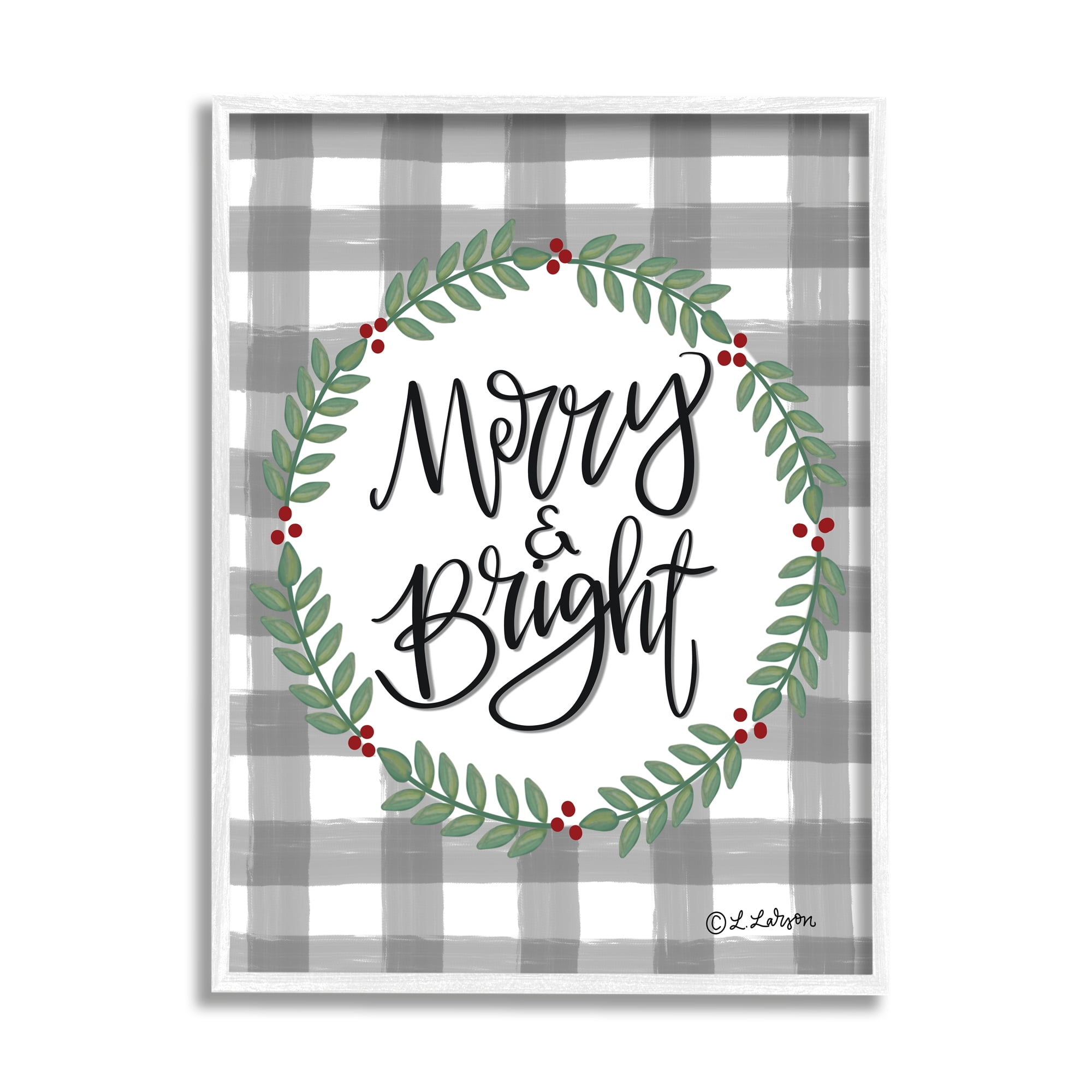 Merry & Bright Gingham Christmas Calligraphy Design Inspirational Graphic Art Framed Art Print Wall Art