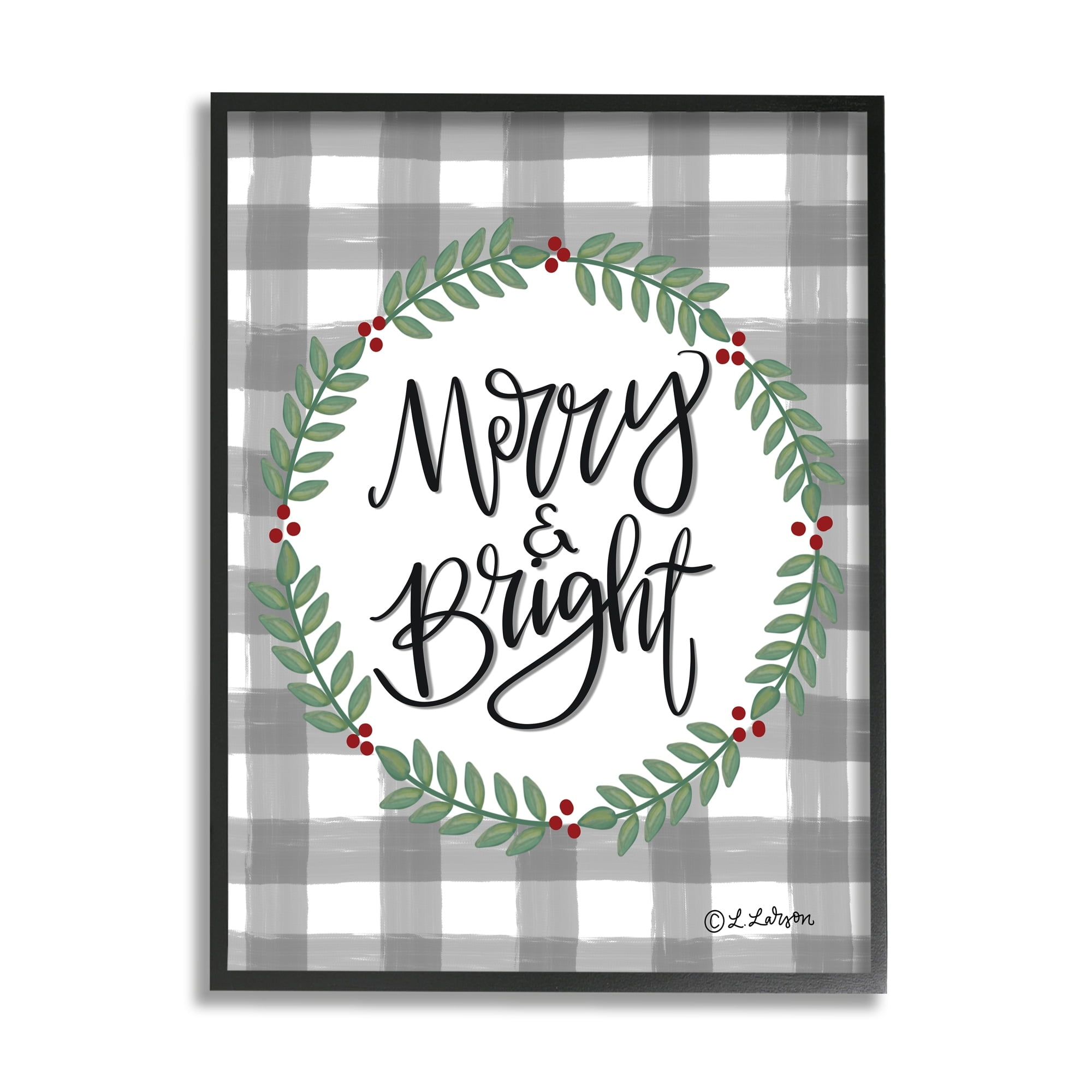 Merry & Bright Gingham Christmas Calligraphy Design Inspirational Graphic Art Framed Art Print Wall Art
