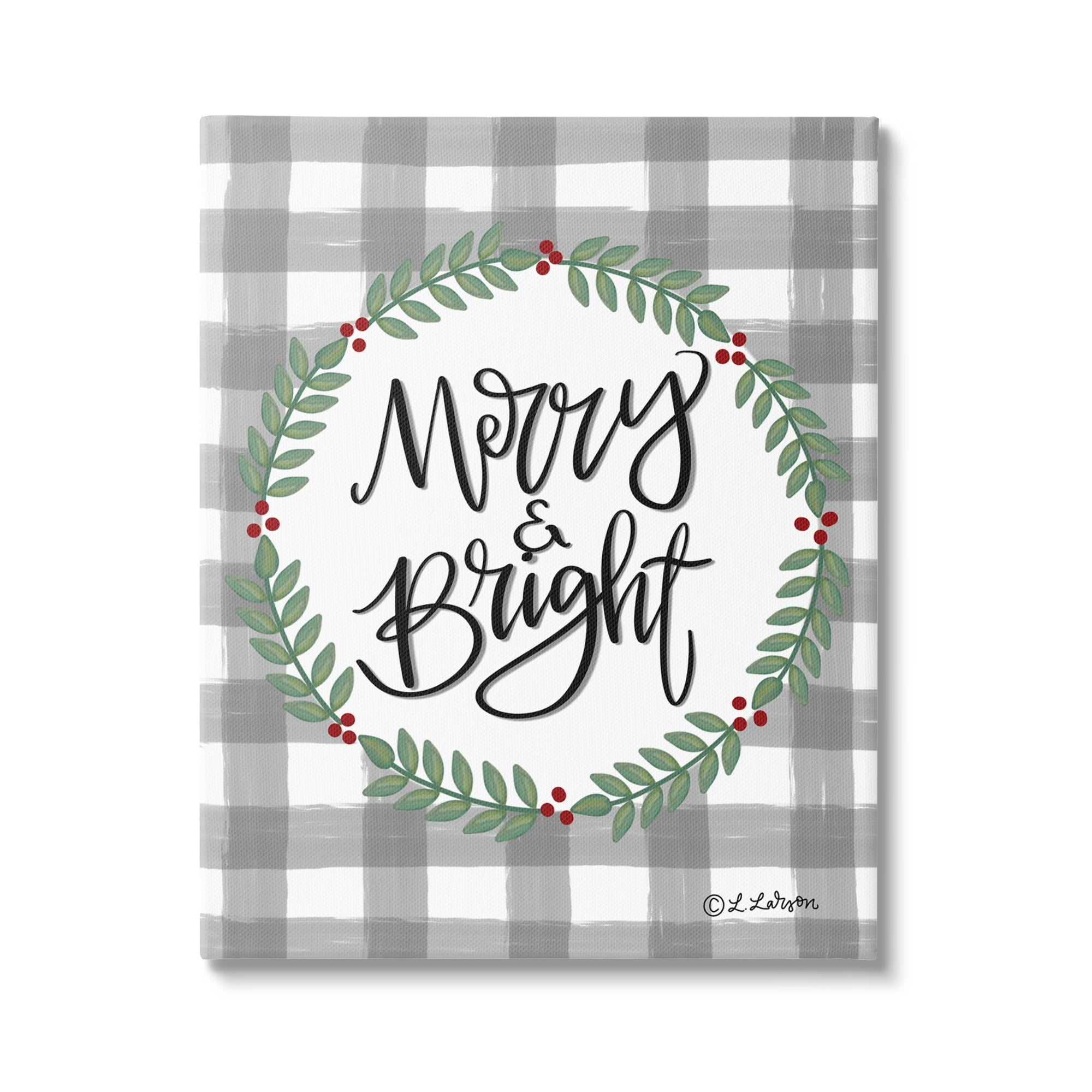 Merry & Bright Gingham Christmas Calligraphy Design Inspirational Graphic Art Gallery-Wrapped Canvas Print Wall Art