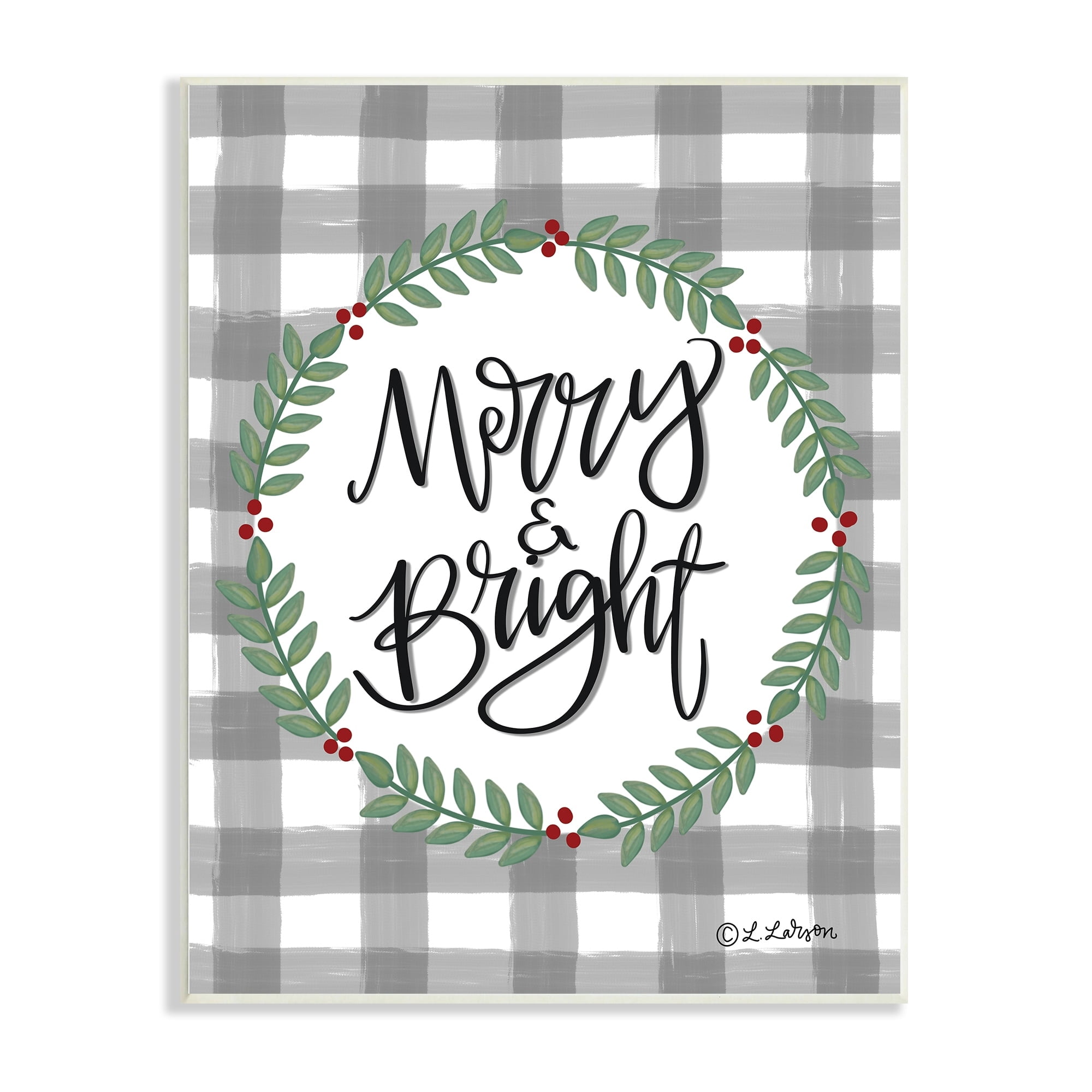 Merry & Bright Gingham Christmas Calligraphy Design Inspirational Graphic Art Unframed Art Print Wall Art