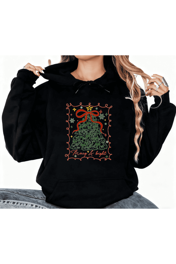 Merry Bright Graphic Sweatshirt Elegant Print Hoodie Black Women S-2XL Tops