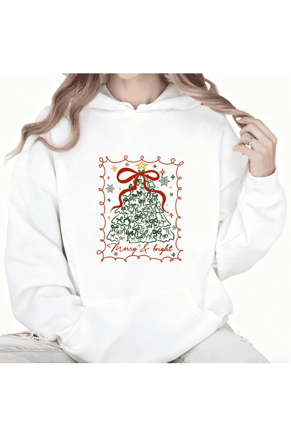 Merry Bright Graphic Sweatshirt Elegant Print Hoodie White Women S-2XL Tops