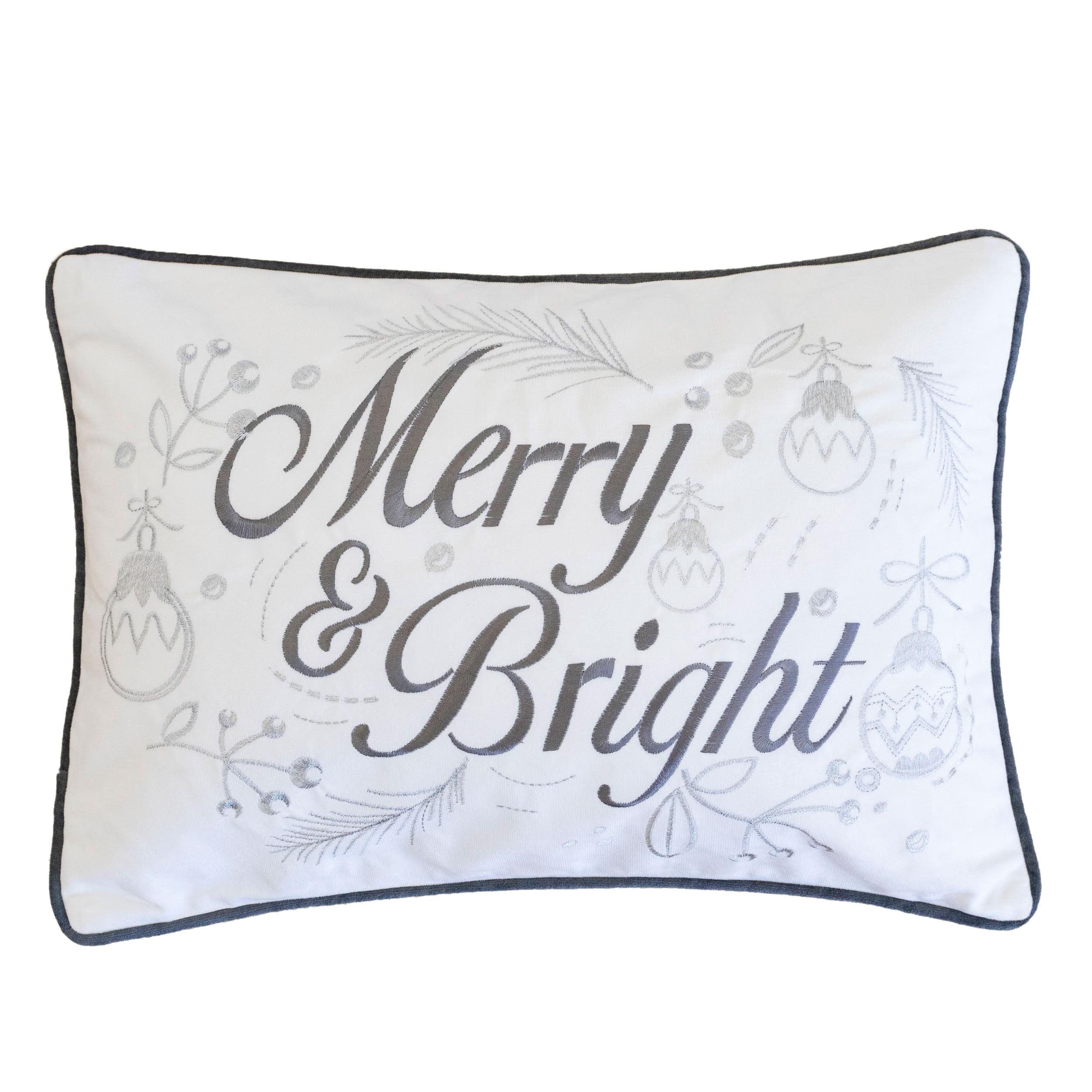 Merry Bright Gray Embroidered Graphic Polyester 14 in. x 20 in. Decorative Throw Pillow