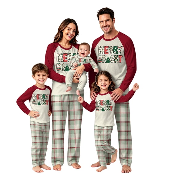 Merry Bright Letter Print Matching Christmas Pajamas for Family, Burgundy Raglan Top & Plaid Pants, Cozy Christmas Pjs for Holiday Photo