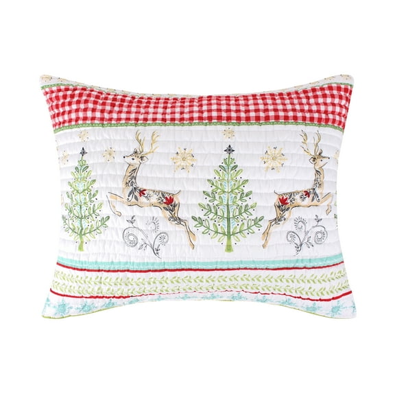 Merry & Bright by Levtex Home - Comet and Cupid - Quilted Standard Sham - Holiday Deer and Christmas Trees - Red Green White Teal - Reversible - Microfiber