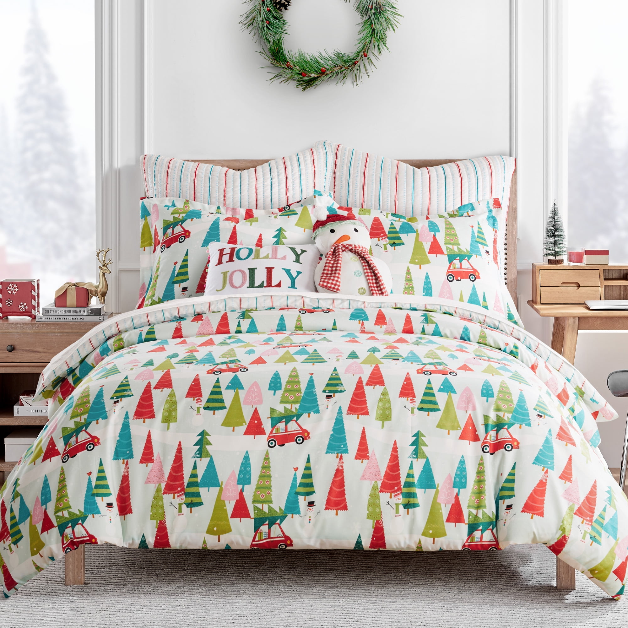 Holly Jolly Multicolor Cotton King/Cal King Duvet Cover Set