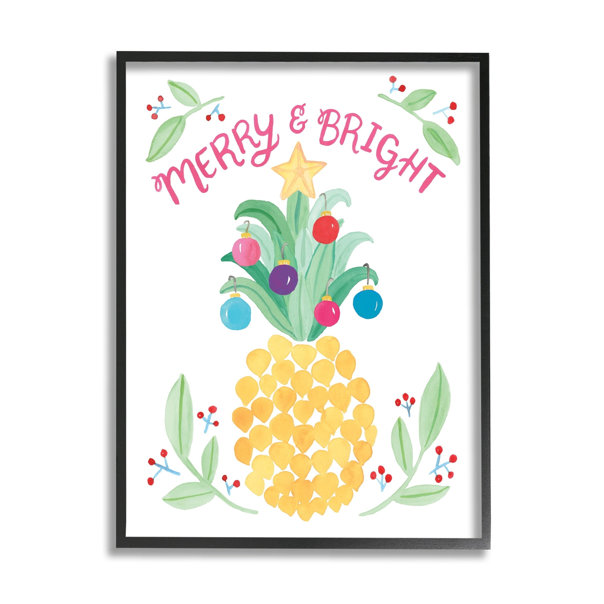 Merry & Bright Ornamental Pineapple Watercolor Detail Inspirational Painting Framed Art Print Wall Art