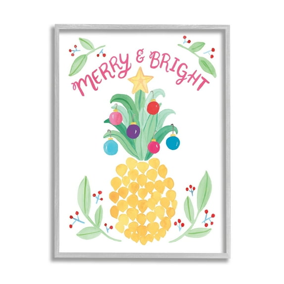 Merry & Bright Ornamental Pineapple Watercolor Detail Inspirational Painting Framed Art Print Wall Art