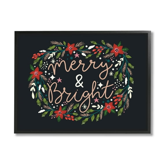 Merry & Bright Poinsettia Wreath Holiday Graphic Art Black Framed Art Print Wall Art