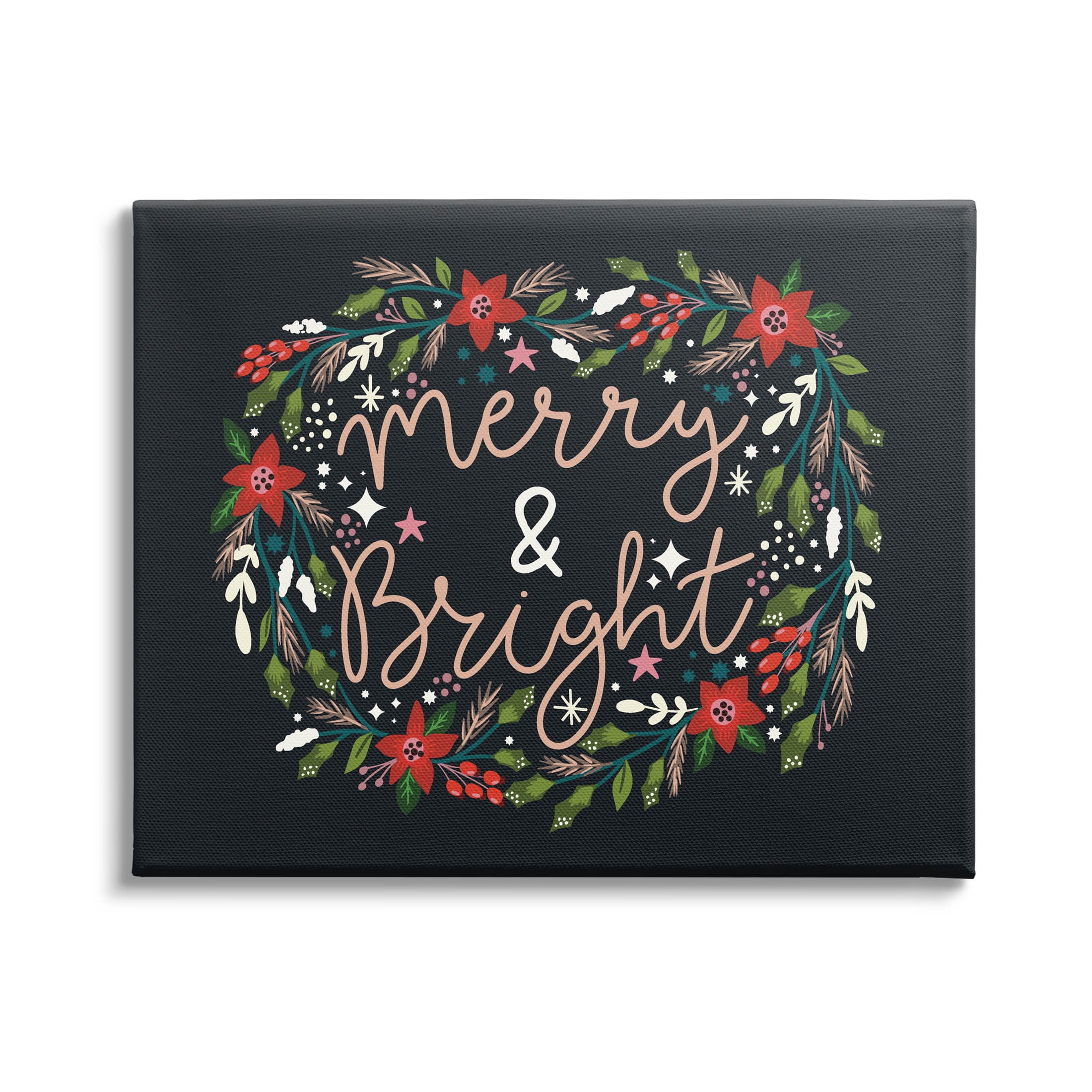 Merry & Bright Poinsettia Wreath Black Canvas Wall Art