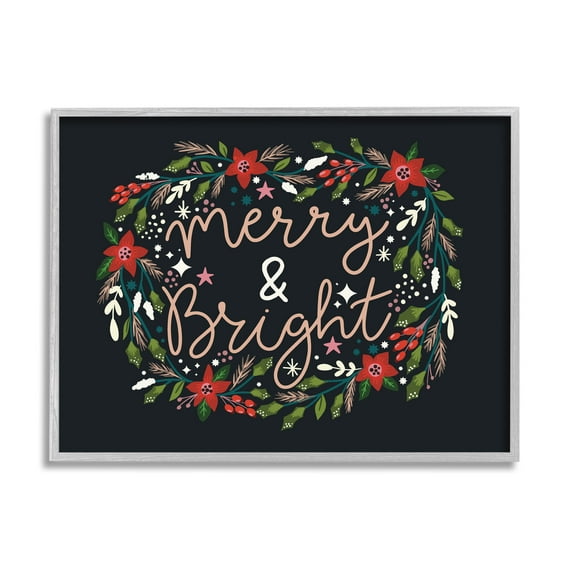 Merry & Bright Poinsettia Wreath Holiday Graphic Art Gray Framed Art Print Wall Art