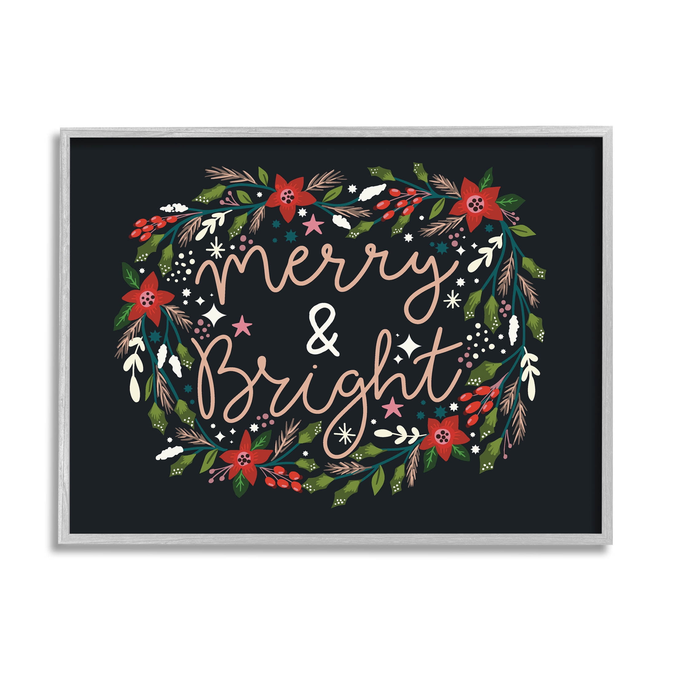 Merry & Bright Poinsettia Wreath Holiday Graphic Art Gray Framed Art Print Wall Art