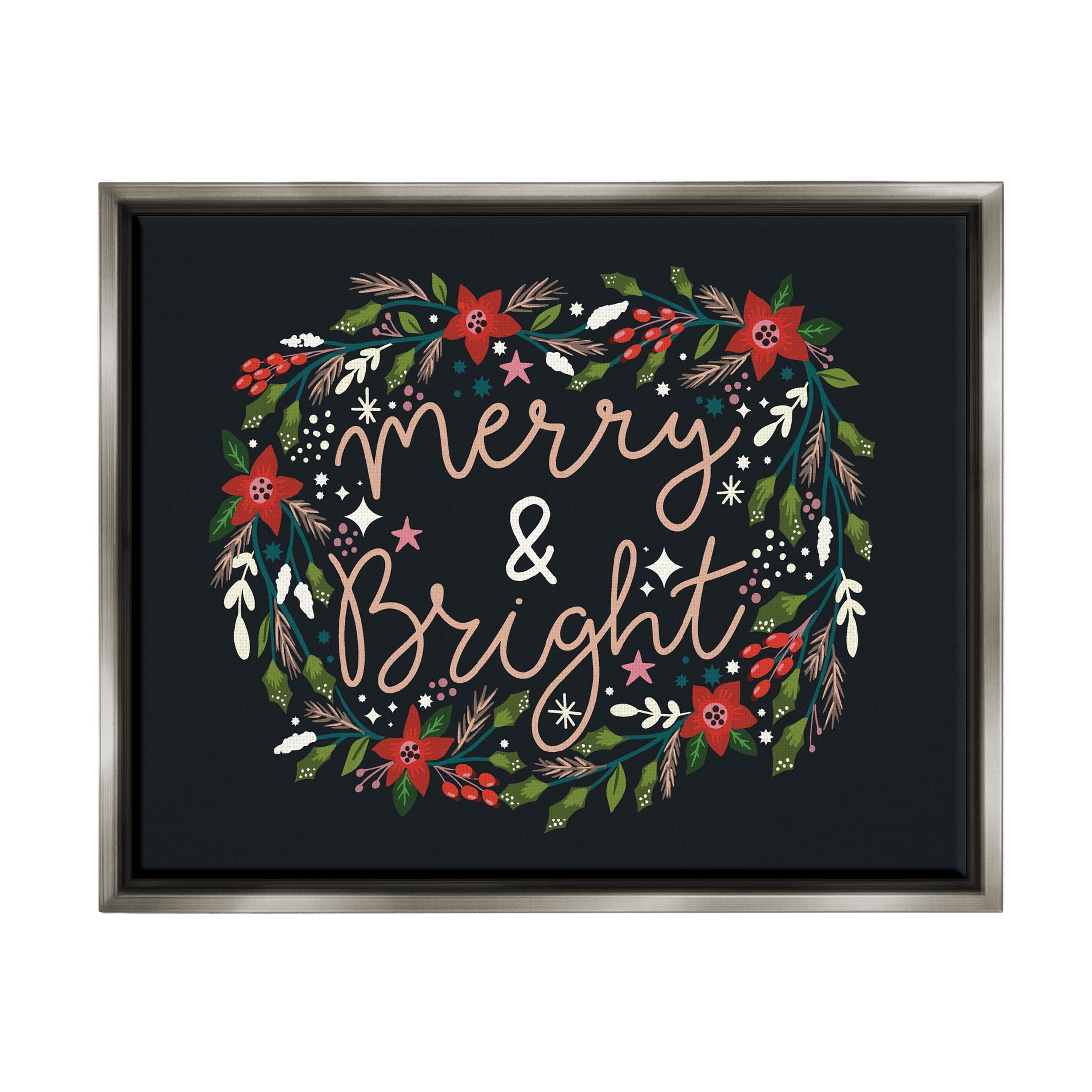 Merry & Bright Poinsettia Wreath Holiday Graphic Art Luster Gray Framed Art Print Wall Art