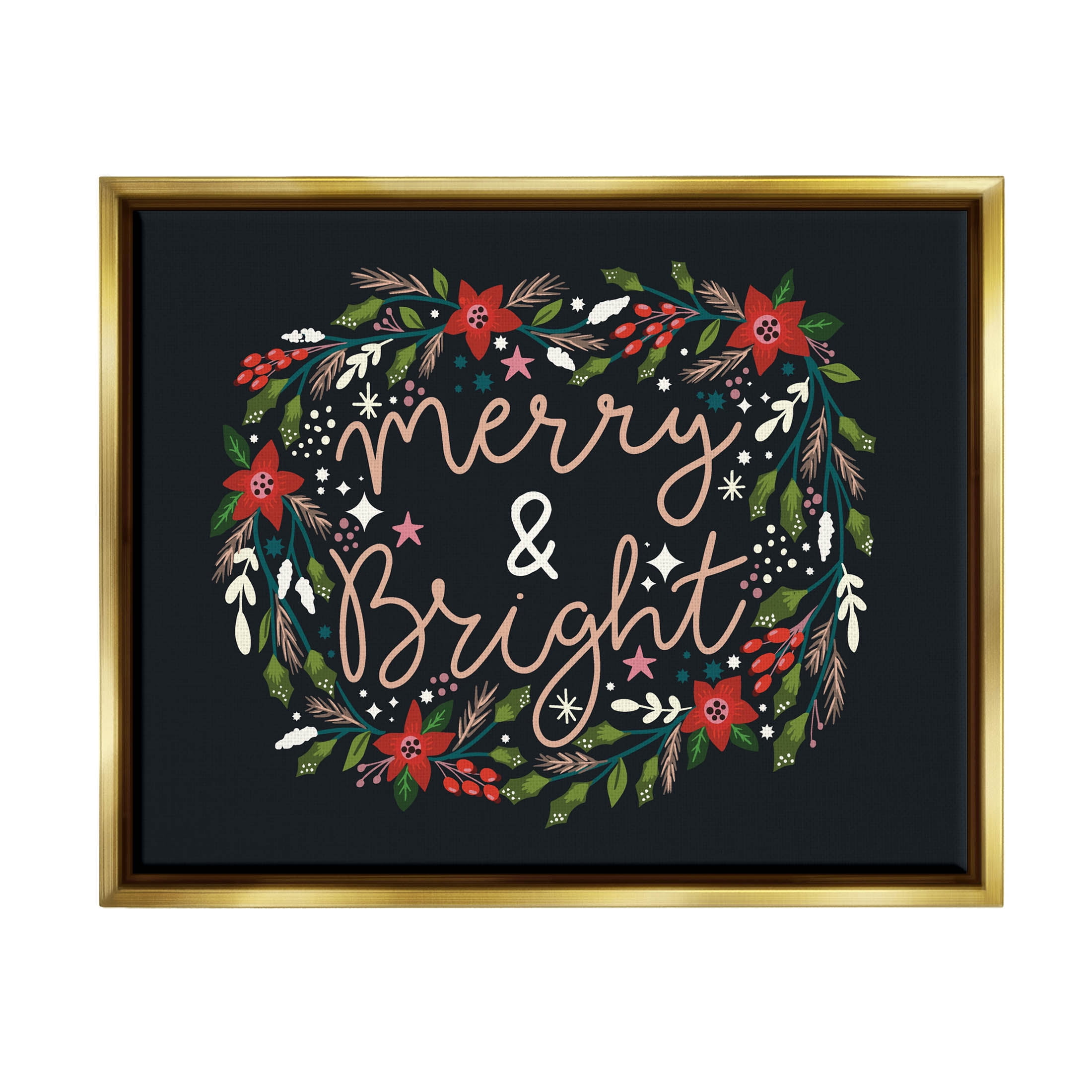 Merry & Bright Poinsettia Wreath Holiday Graphic Art Metallic Gold Framed Art Print Wall Art