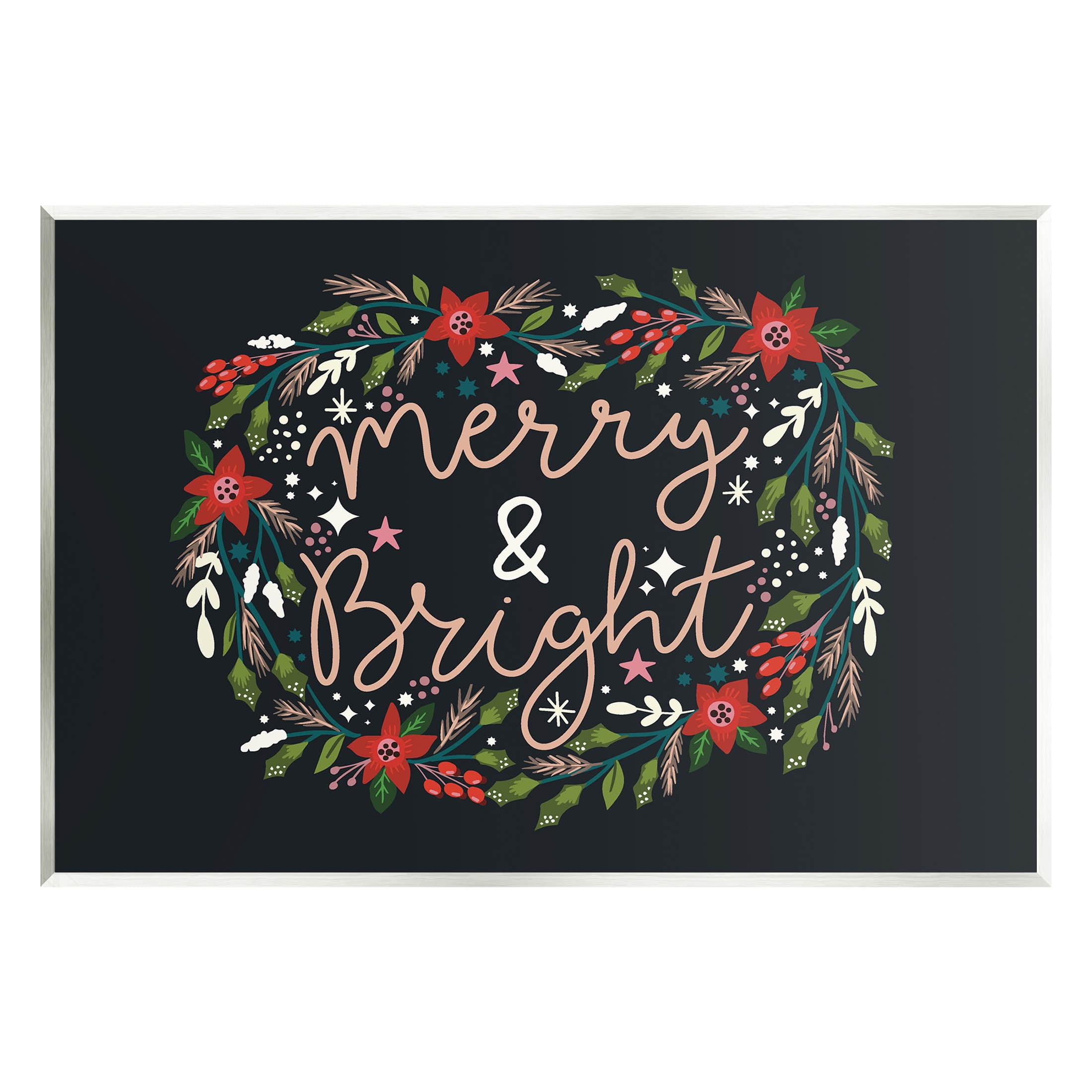 Merry & Bright Poinsettia Wreath Holiday Graphic Art Unframed Art Print Wall Art