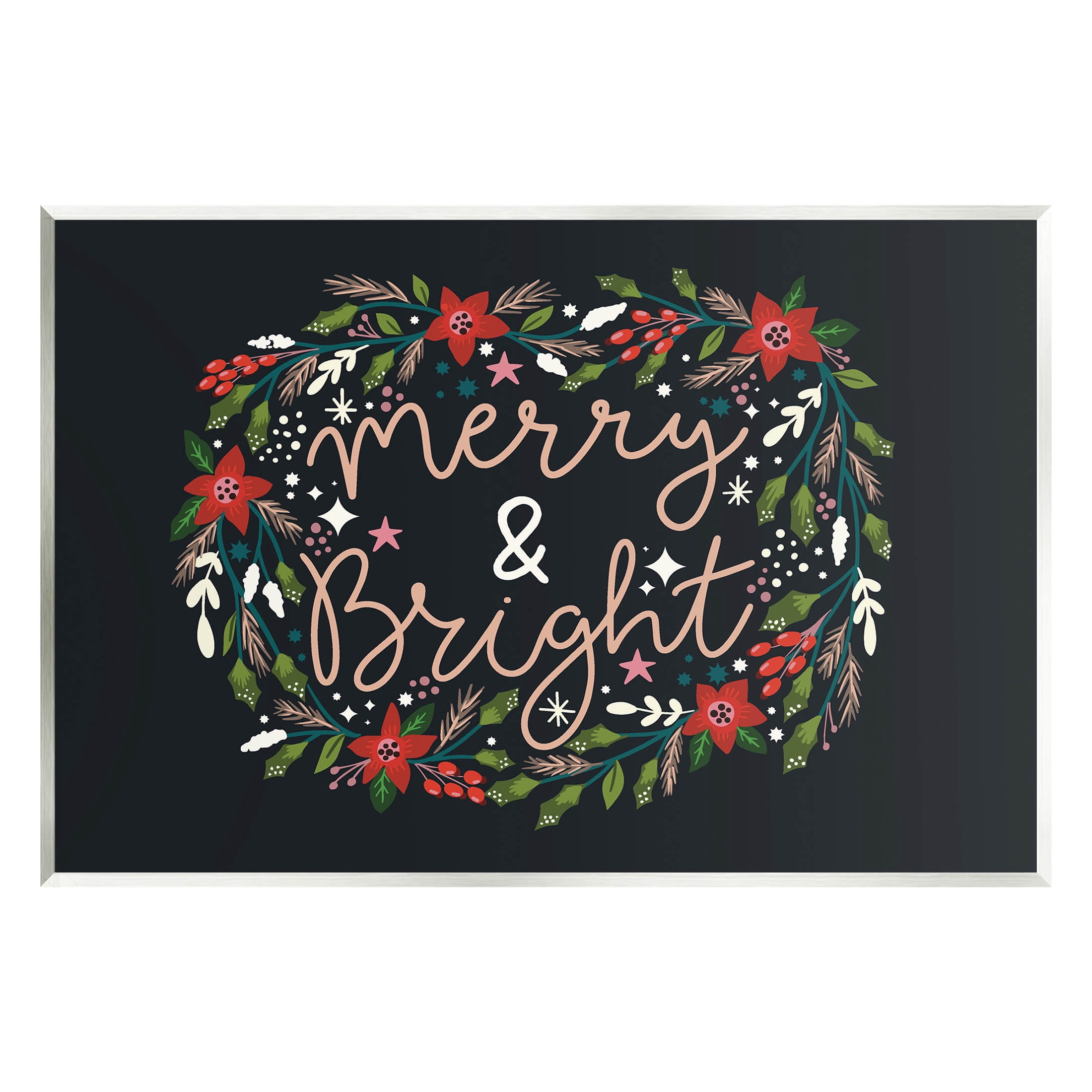 Merry & Bright Poinsettia Wreath Holiday Graphic Art Unframed Art Print Wall Art