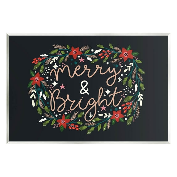 Merry & Bright Poinsettia Wreath Holiday Graphic Art Unframed Art Print Wall Art