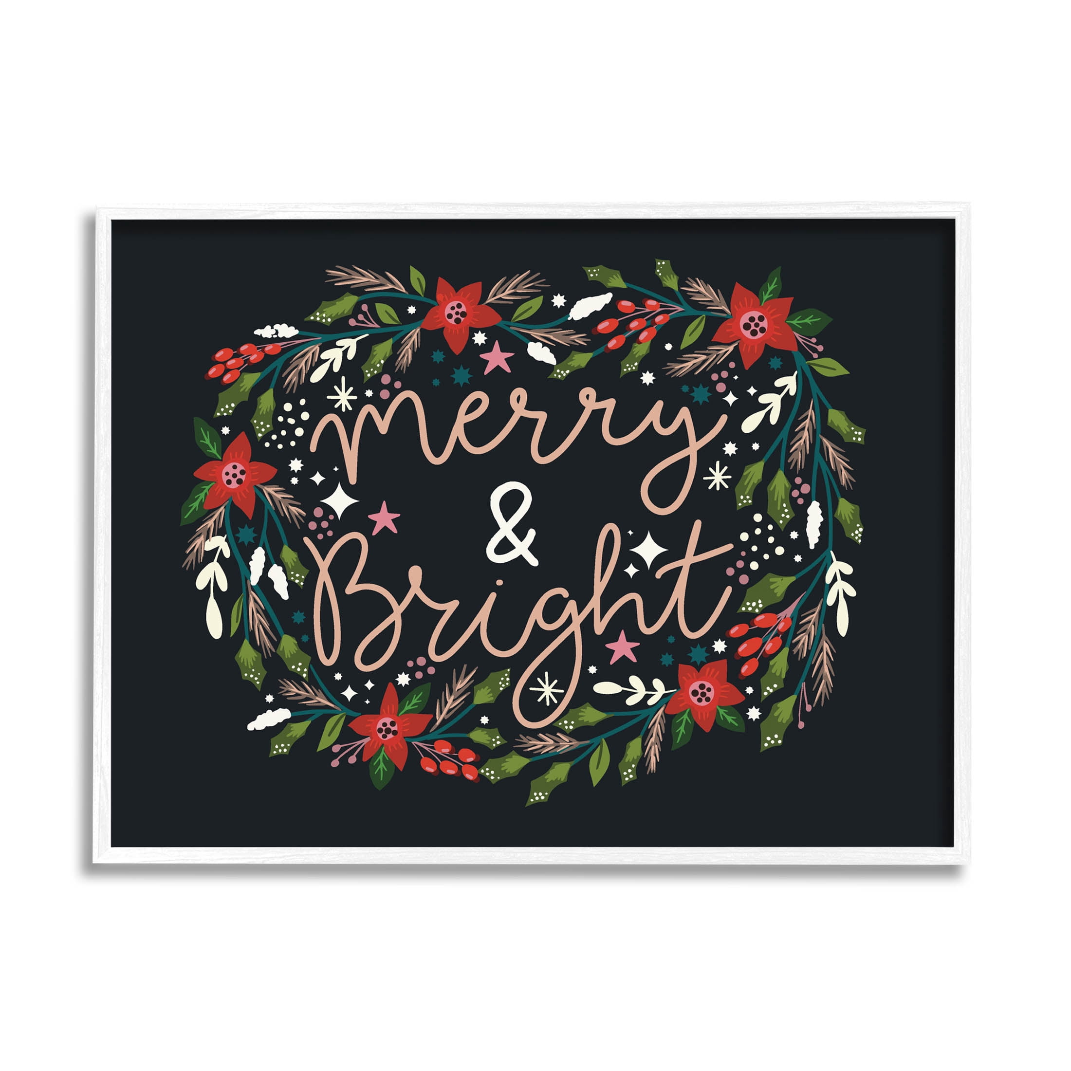 Merry & Bright Poinsettia Wreath Holiday Graphic Art White Framed Art Print Wall Art