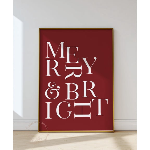 Merry & Bright Red Winter Wall Art, Typography Print Home Decor #2542, Unframed Poster Size 8x12