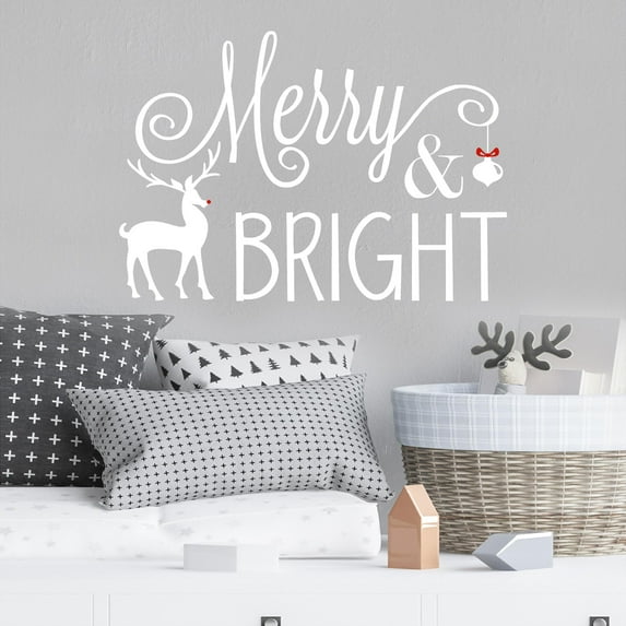 Merry and Bright with Reindeer and Ornament Self Adhesive Decals Holiday Christmas Vinyl Lettering Wall Decal Sticker Snowflakes - Size: 16.5"H x 24"L - Color: White / Red