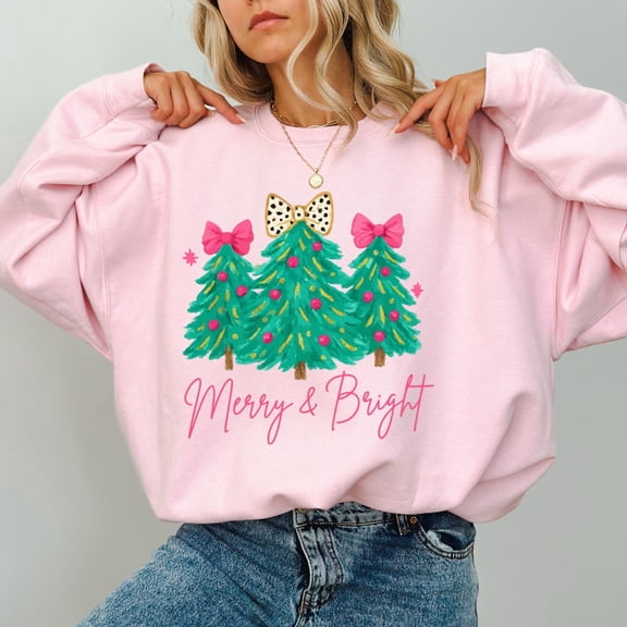 Merry & Bright Season Tree Sweatshirt, Pink Festive Bow Lights Sweatshirt, Cute Jolly Sweatshirt, Merry Season Sweatshirt