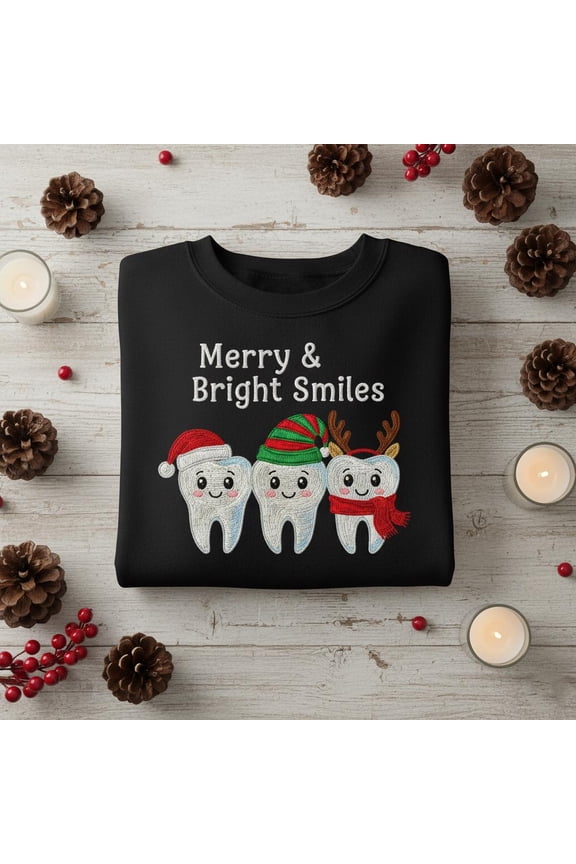 Merry & Bright Smiles Embroidered Sweatshirt, Dental Christmas Gift, Cute Tooth Reindeer Sweater, Dental Hygienist Jumper