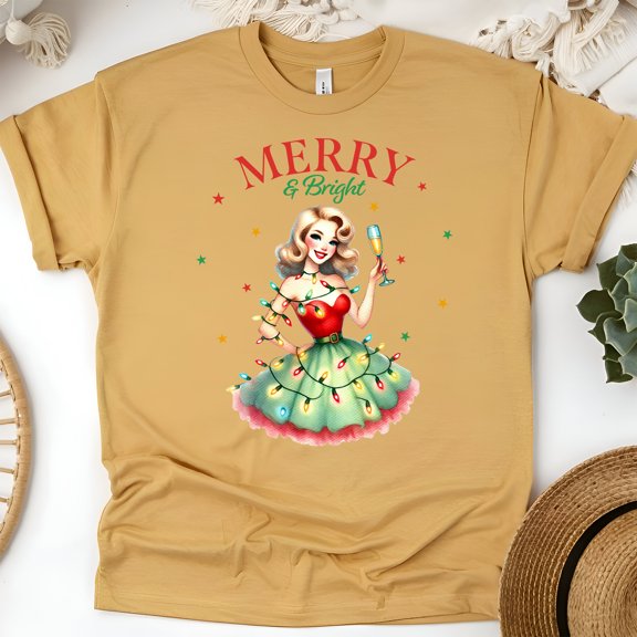 Merry & Bright T-Shirt | Retro Pin-Up Holiday Lights Graphic Tee, Gold, Size M