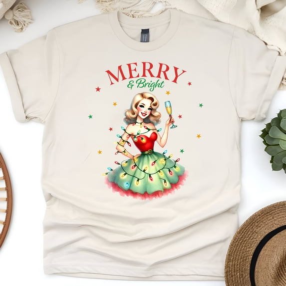 Merry & Bright T-Shirt | Retro Pin-Up Holiday Lights Graphic Tee, Natural, Size M