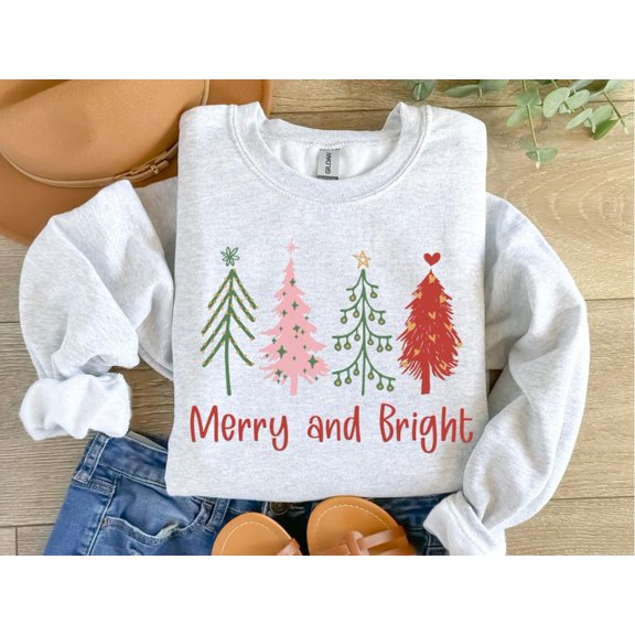Merry & Bright Trees Sweatshirt, Sweatshirt, Sweater, Womens Sweatshirt, Shirt, Winter Shirt All Size S-5Xl