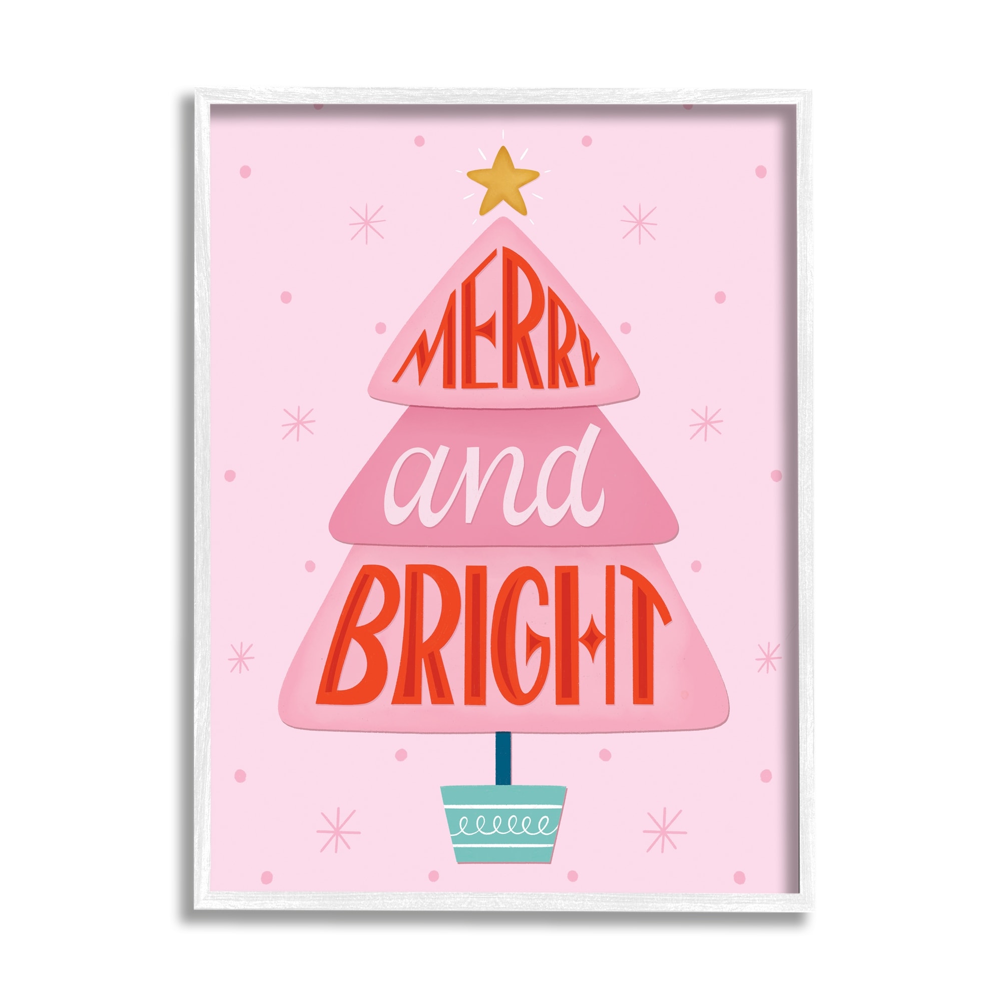 Merry & Bright Typography Pink Christmas Tree Pattern Inspirational Graphic Art Framed Art Print Wall Art