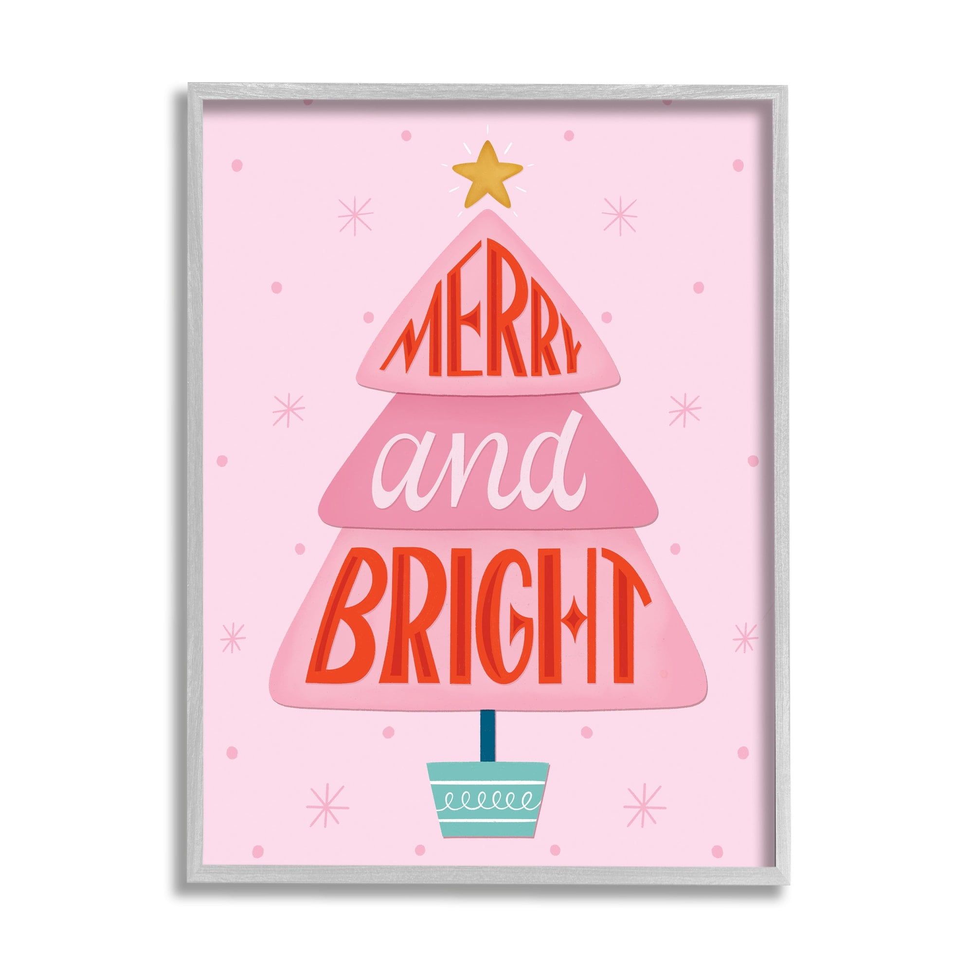Merry & Bright Typography Pink Christmas Tree Pattern Inspirational Graphic Art Framed Art Print Wall Art