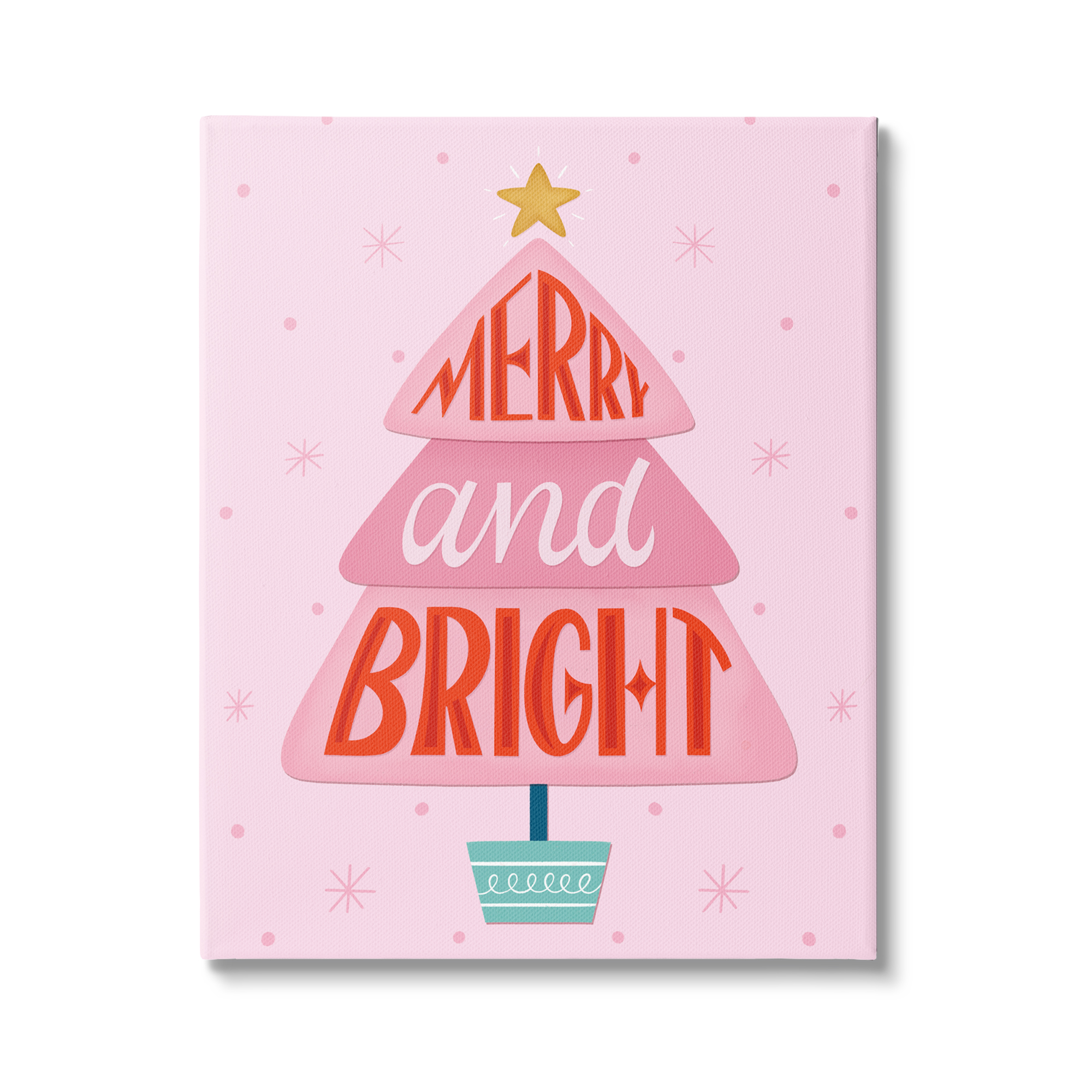 Merry & Bright Typography Pink Christmas Tree Pattern Inspirational Graphic Art Gallery-Wrapped Canvas Print Wall Art