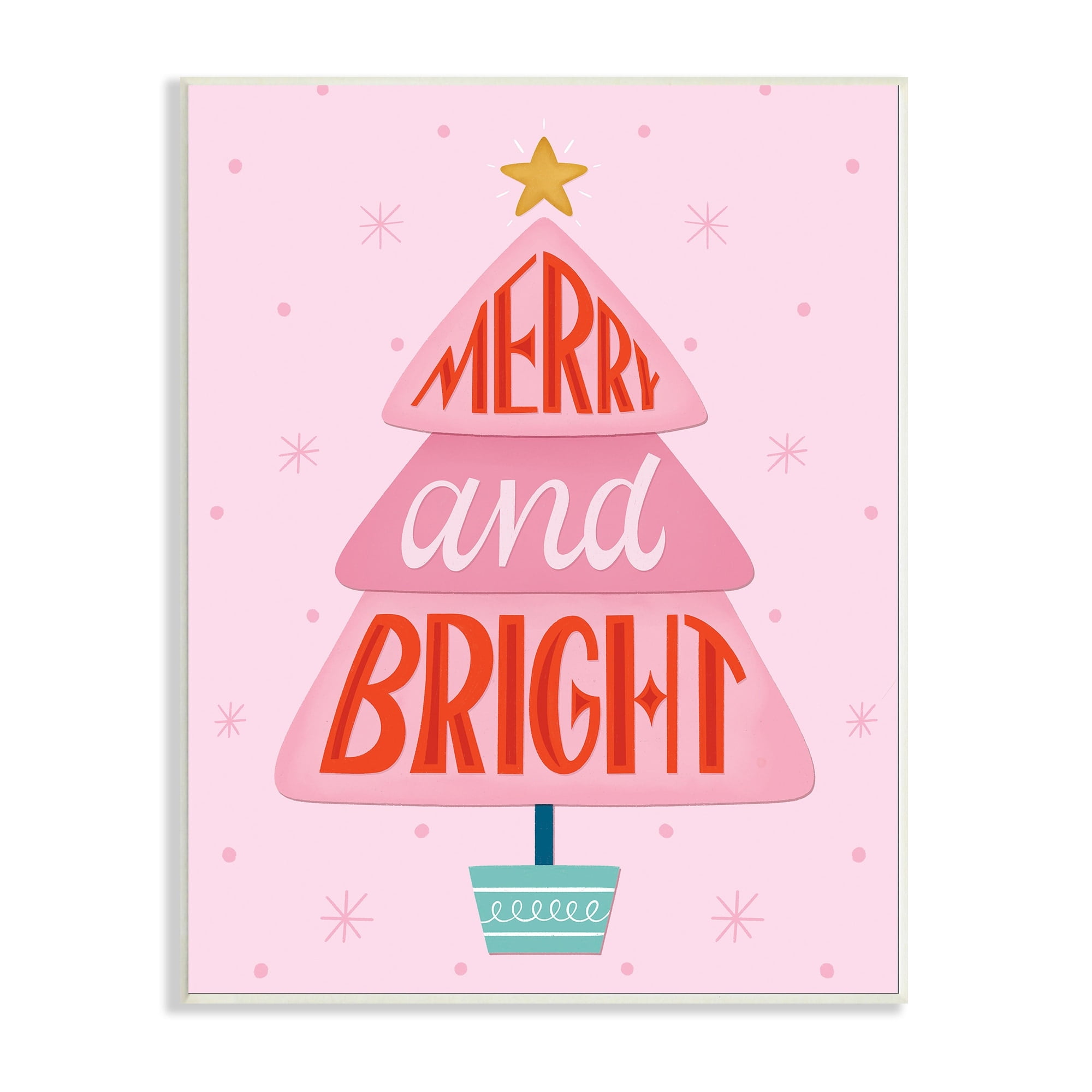 Merry & Bright Typography Pink Christmas Tree Pattern Inspirational Graphic Art Unframed Art Print Wall Art