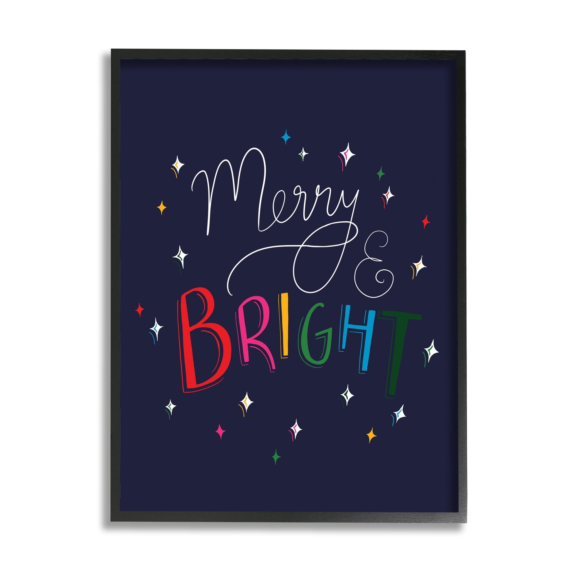 Merry & Bright Whimsical Sparkle Rainbow Typography Inspirational Graphic Art Framed Art Print Wall Art