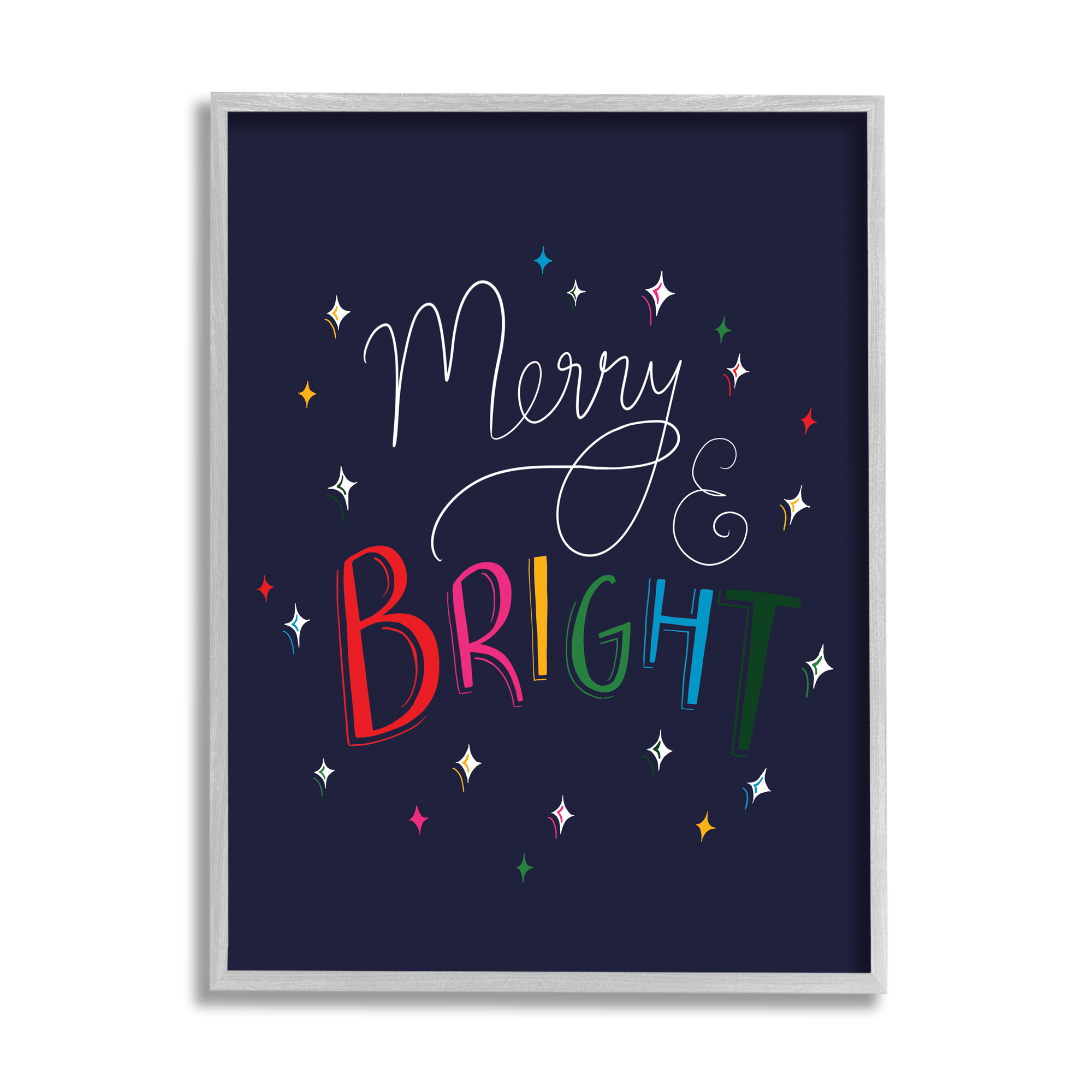 Merry & Bright Whimsical Sparkle Rainbow Typography Inspirational Graphic Art Framed Art Print Wall Art
