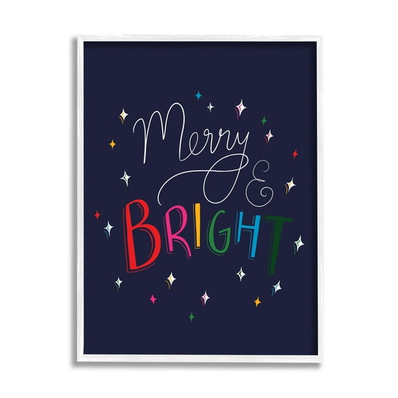 Merry & Bright Whimsical Sparkle Rainbow Typography Inspirational Graphic Art Framed Art Print Wall Art