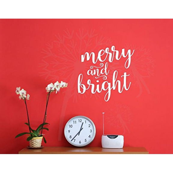 Merry & Bright Winter Art Vinyl Decals Wall Holiday Saying Quotes,12x12-inch, White