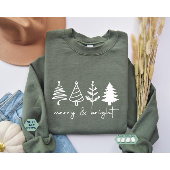 Merry & Bright Winter Trees Sweatshirt, Winter Hoodie, Winter Shirt, Winter Shirt, Gift, Womens Sweatshirt Tshirt All Size S-5XL