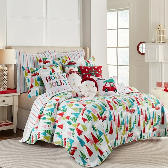 Merry & Bright by Levtex Home - Holly Jolly Quilt - King - Christmas Tree - Red Green Teal Pink - Quilt (102x86in.) - Reversible - Microfiber