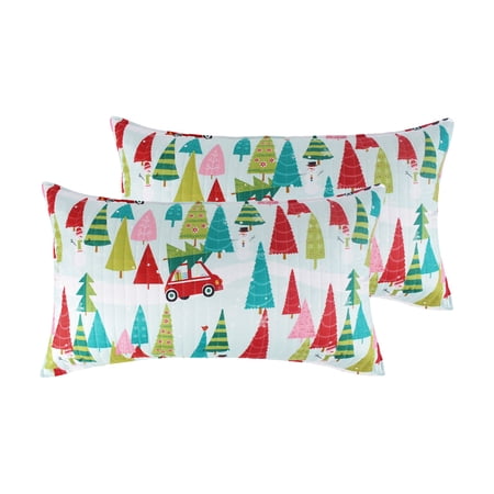 Merry & Bright by Levtex Home - Holly Jolly - Quilted King Sham (Pack of 2) - Christmas Tree - Red Green Teal Pink - Reversible - Microfiber