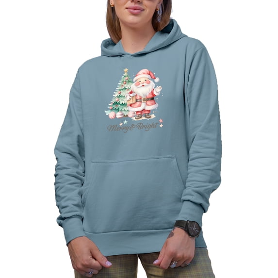 Merry & Bright with Cute Watercolor Art of a Christmas Tree & Santa Merch Gift, Light Blue Hooded Sweatshirt or Hoodie, Small