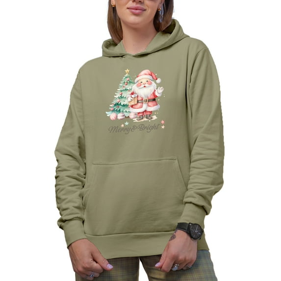 Merry & Bright with Cute Watercolor Art of a Christmas Tree & Santa Merch Gift, Sand Hooded Sweatshirt or Hoodie, Large