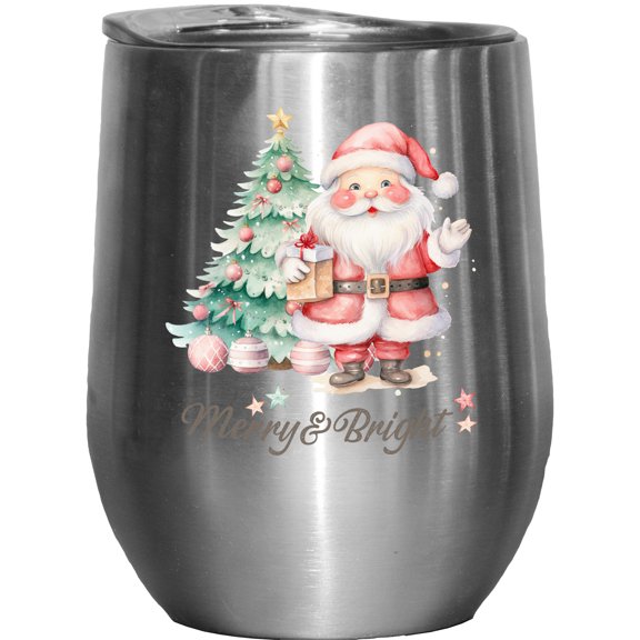 Merry & Bright with Cute Watercolor Art of a Christmas Tree & Santa Merch Gift, Stainless Steel 12oz Wine Tumbler