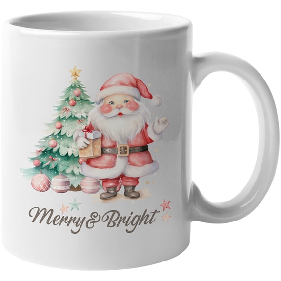 Merry & Bright with Cute Watercolor Art of a Christmas Tree & Santa Merch Gift, White 11oz Ceramic Mug