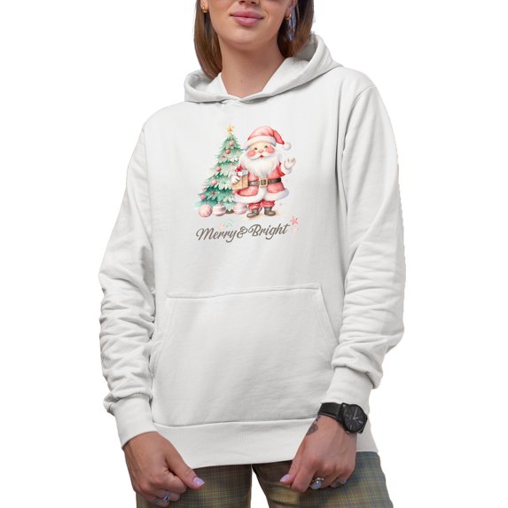 Merry & Bright with Cute Watercolor Art of a Christmas Tree & Santa Merch Gift, White Hooded Sweatshirt or Hoodie, Small