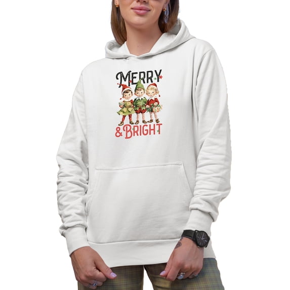 Merry & Bright with Vintage Christmas Kids Wearing Santa Hat Art Merch Gift, White Hooded Sweatshirt or Hoodie, Small