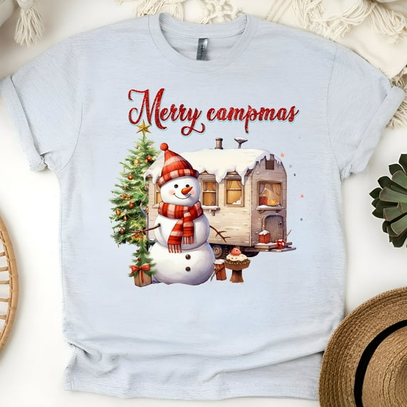 Merry Campmas T-Shirt | Cute Snowman Camping Holiday Graphic Tee, Ash, Size S