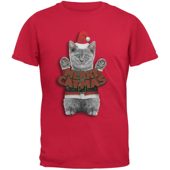 Merry Catmas Santa Christmas Cat Red Youth T-Shirt - Large(14/16)